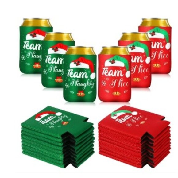 Set of 6 Pcs Christmas Neoprene Insulated Can Sleeves. Team Naughty, Team Nice - Picture 1 of 4